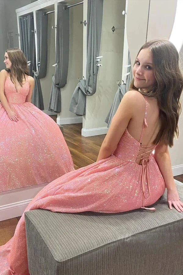 V-Neck Lace Up Empire Sparkly A-Line Long Party Prom Dress