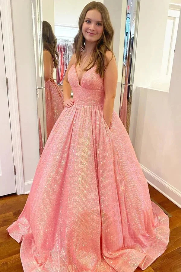 V-Neck Lace Up Empire Sparkly A-Line Long Party Prom Dress