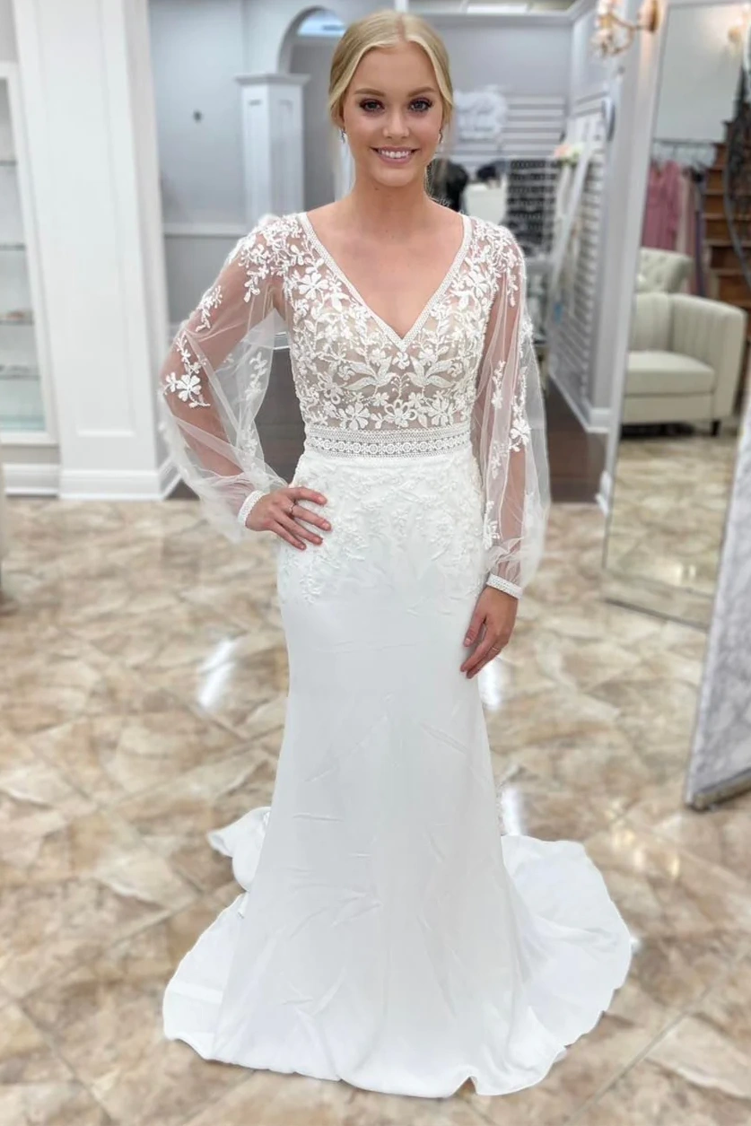 V-Neck Long Sleeves Two Tone Beach Wedding Dress