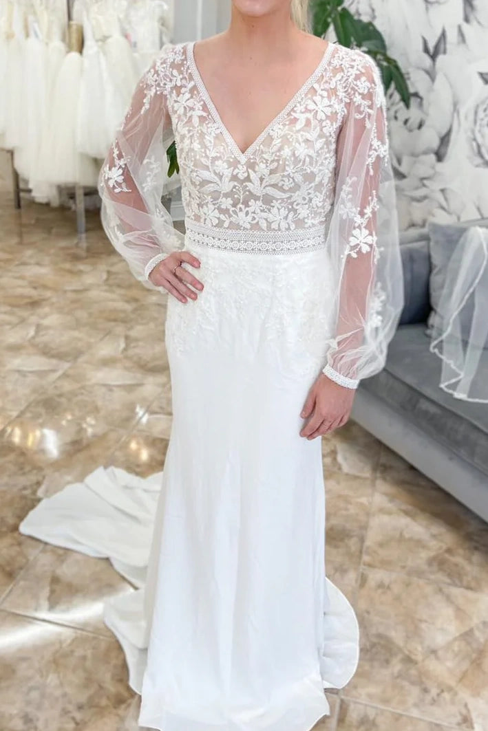 V-Neck Long Sleeves Two Tone Beach Wedding Dress