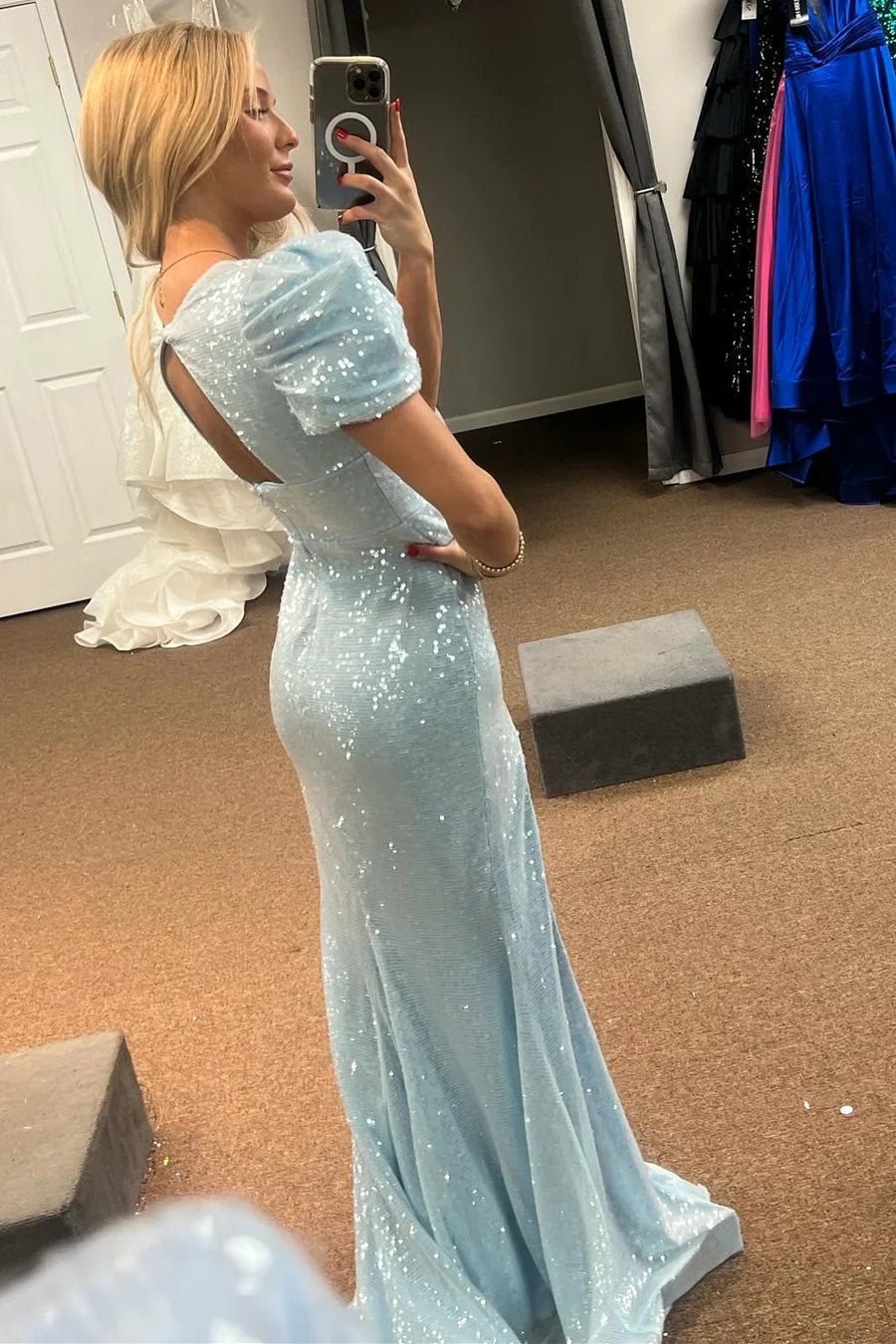 V-Neck Short Sleeves Mermaid Sequins Long Party Prom Dress With Slit