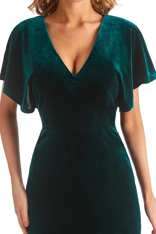 V-Neck Short Sleeves Open Back Empire Bridesmaid Dress