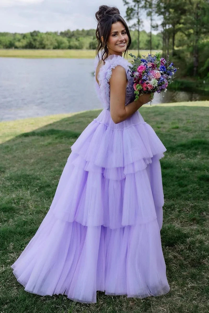 V-Neck Sleeveless Empire Beaded Tulle A-Line Tiered Party Prom Dress