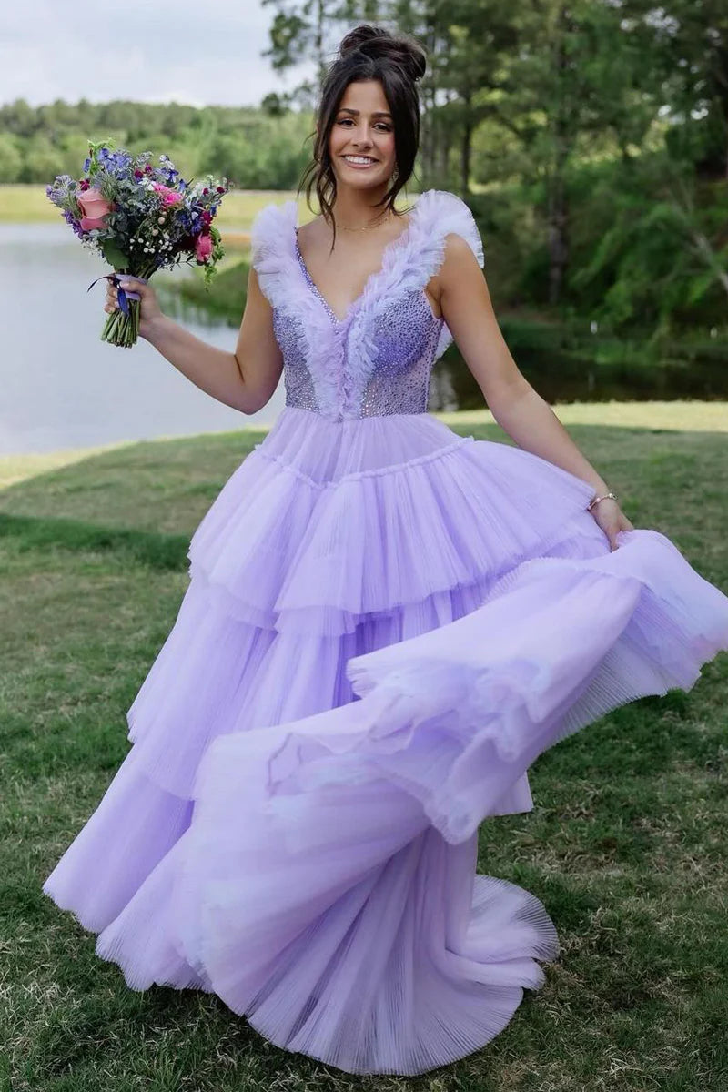 V-Neck Sleeveless Empire Beaded Tulle A-Line Tiered Party Prom Dress