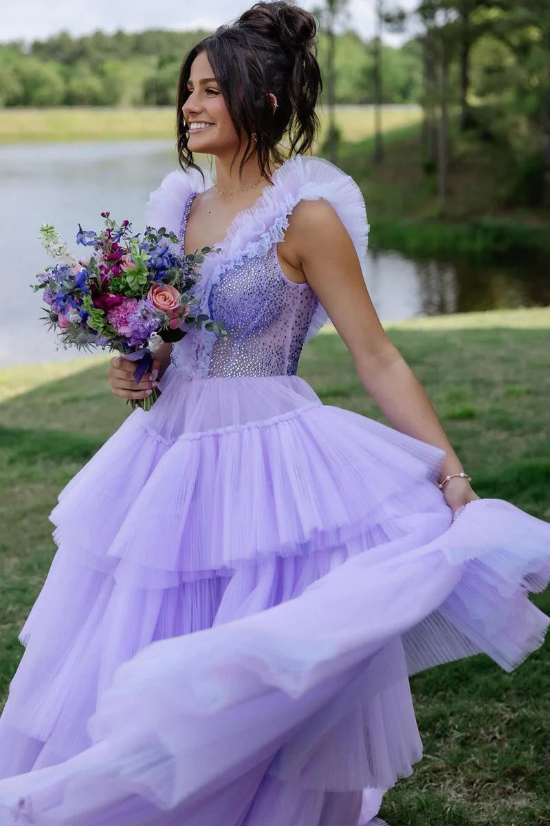 V-Neck Sleeveless Empire Beaded Tulle A-Line Tiered Party Prom Dress