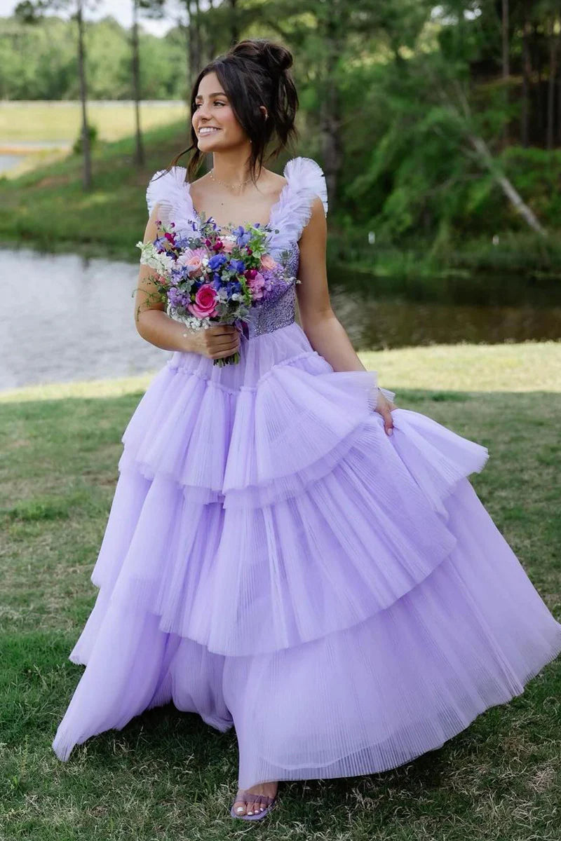 V-Neck Sleeveless Empire Beaded Tulle A-Line Tiered Party Prom Dress