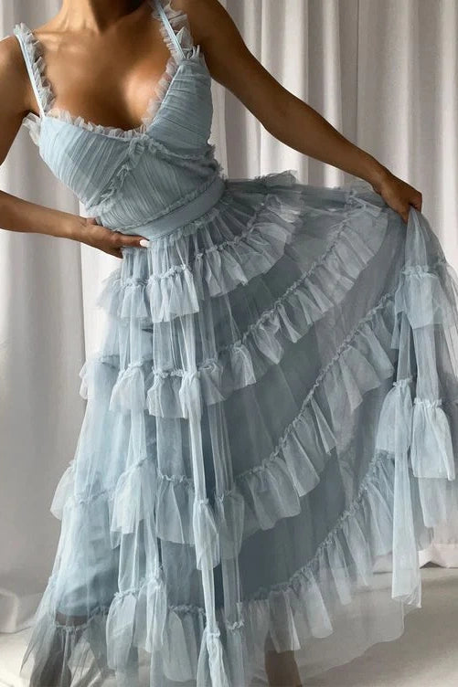 V-Neck Sleeveless Empire Tulle A-Line Tiered Party Prom Dress