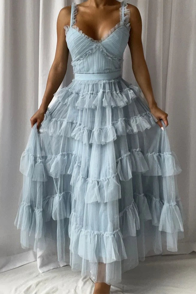 V-Neck Sleeveless Empire Tulle A-Line Tiered Party Prom Dress