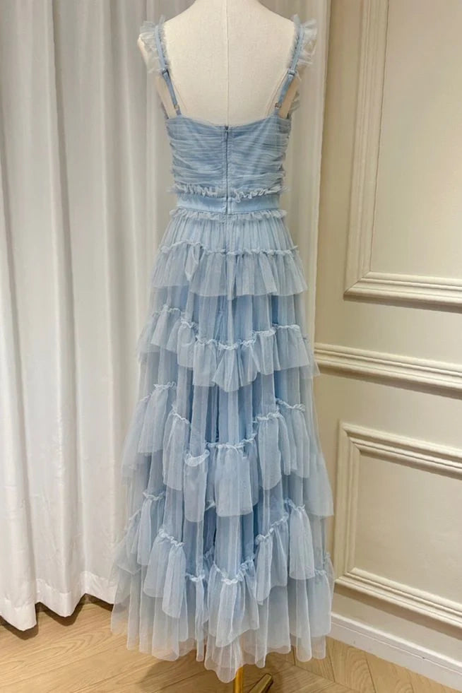 V-Neck Sleeveless Empire Tulle A-Line Tiered Party Prom Dress