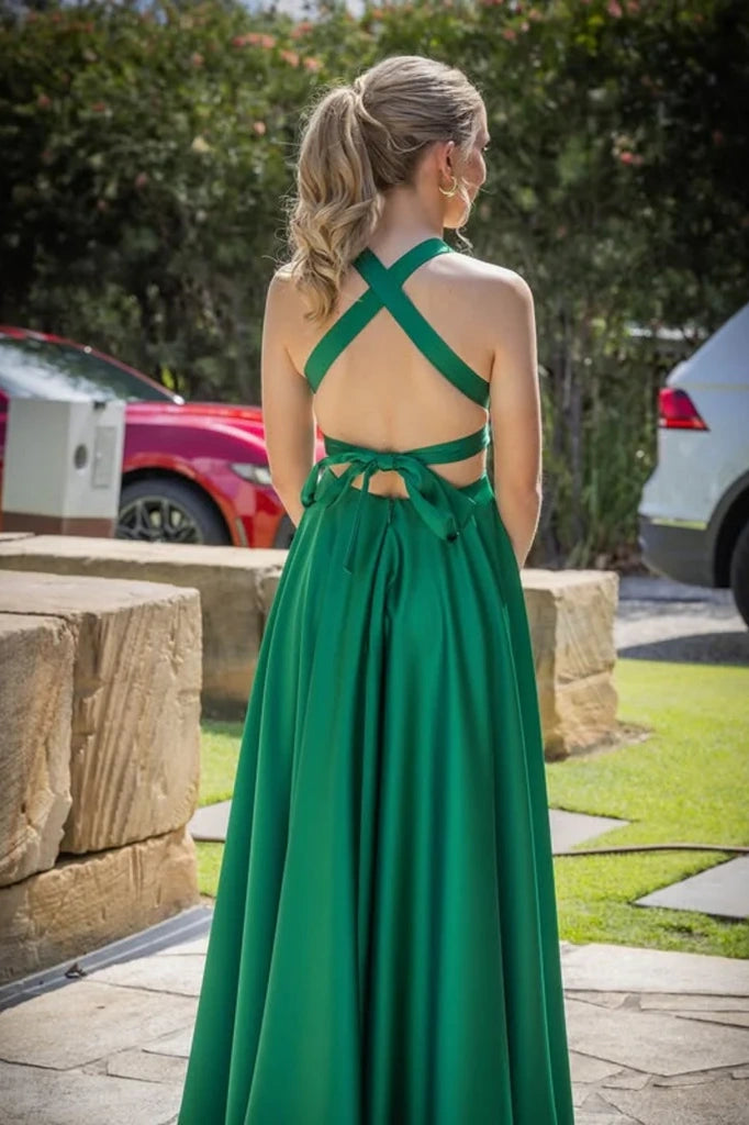 V-Neck Sleeveless Lace Up Satin A-Line Party Prom Dress