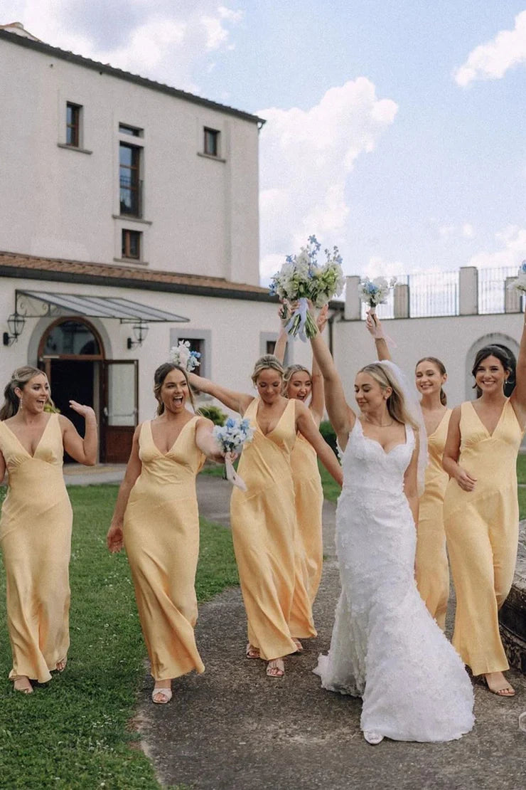V-Neck Sleeveless Satin A-Line Long Bridesmaid Dress