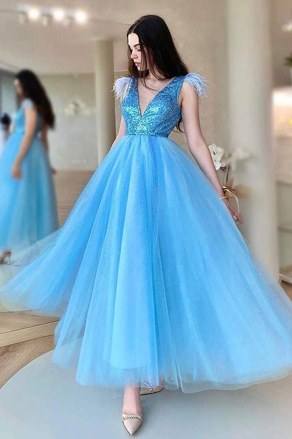 V-Neck Sleeveless Sequins And Tulle Party Prom Dress
