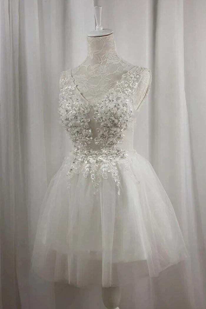 V-Neck Sleeveless A-Line Lace Up Two Tone Short Wedding Dress