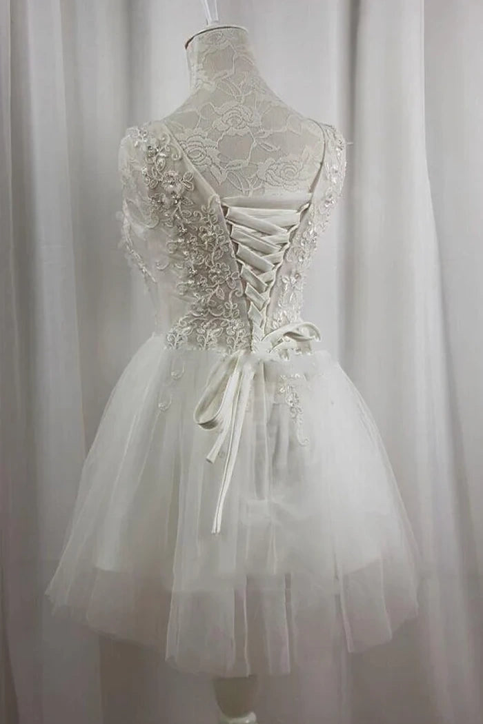 V-Neck Sleeveless A-Line Lace Up Two Tone Short Wedding Dress