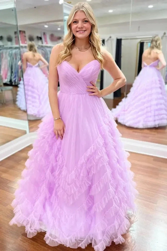 V-Neck Sleeveless Tulle A-Line Tiered Party Prom Dress