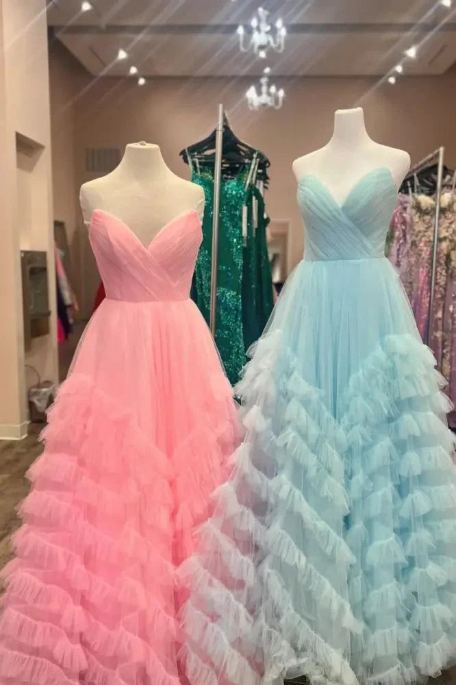 V-Neck Sleeveless Tulle A-Line Tiered Party Prom Dress
