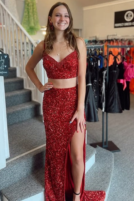 V-Neck Sleeveless Two Piece Mermaid Sequins Party Prom Dress