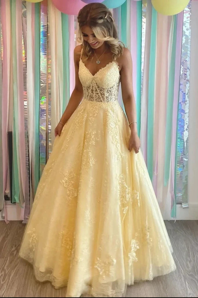 V-Neck Spaghetti Straps A-Line Lace Appliques Party Prom Dress