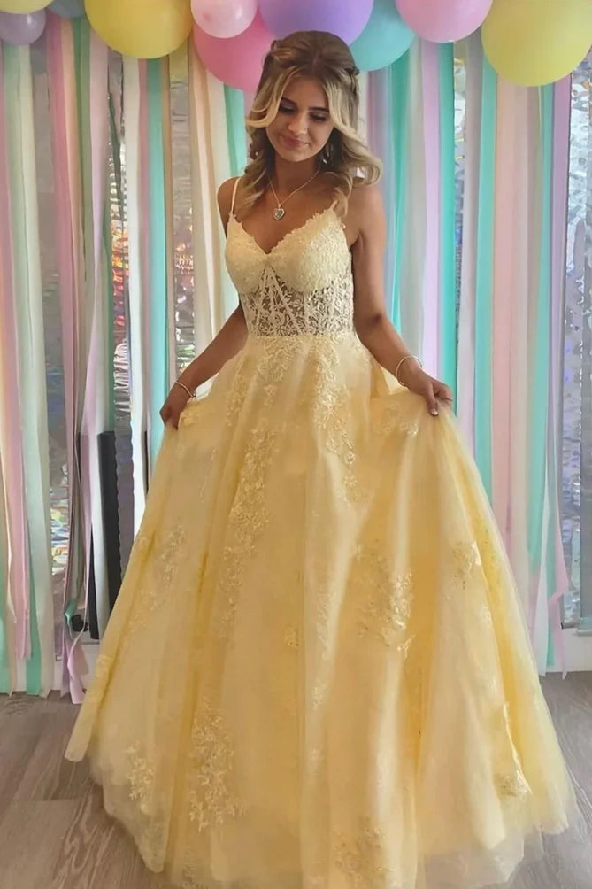 V-Neck Spaghetti Straps A-Line Lace Appliques Party Prom Dress