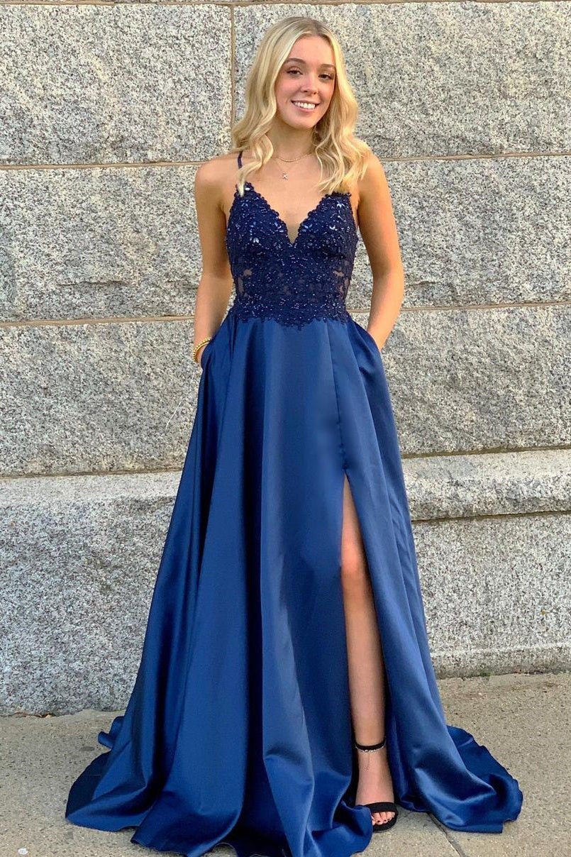 V-Neck Spaghetti Straps Allpqies A-Line Satin Party Prom Dress