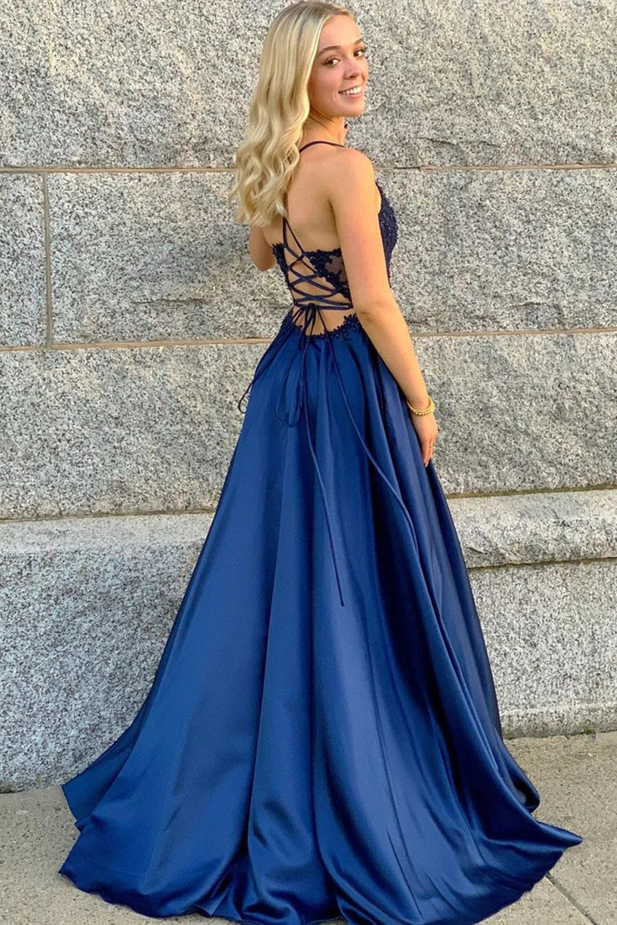 V-Neck Spaghetti Straps Allpqies A-Line Satin Party Prom Dress
