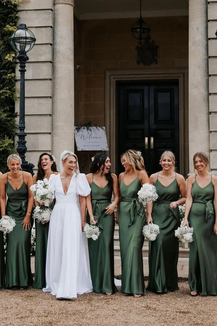 V-Neck Spaghetti Straps Empire Long Bridesmaid Dress