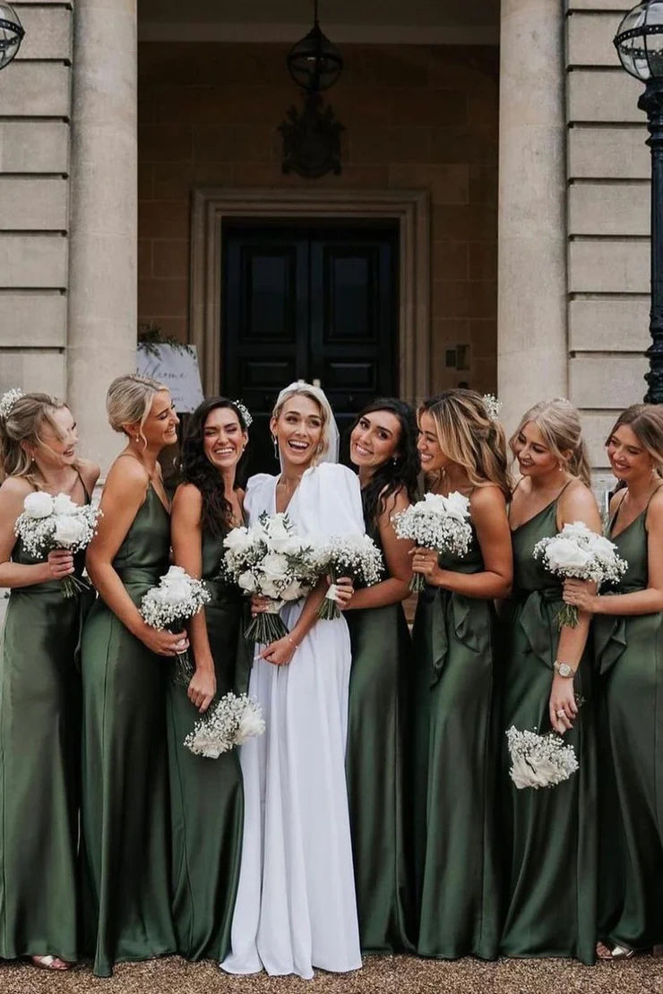 V-Neck Spaghetti Straps Empire Long Bridesmaid Dress