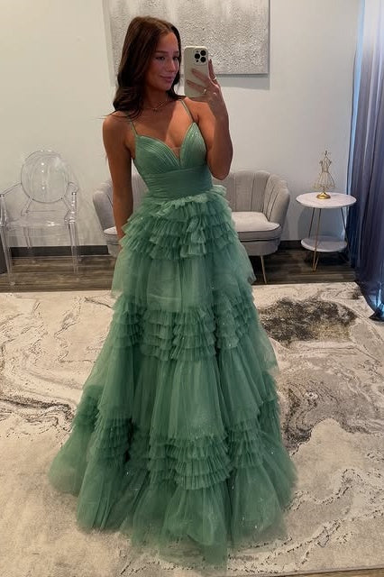 V-Neck Spaghetti Straps Empire Tiered Formal Party Prom Dress