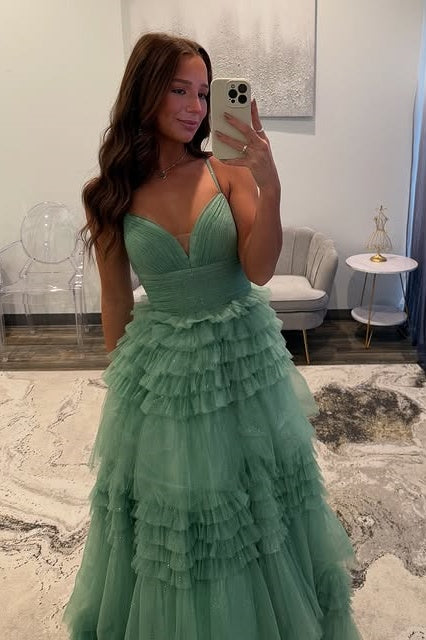 V-Neck Spaghetti Straps Empire Tiered Formal Party Prom Dress
