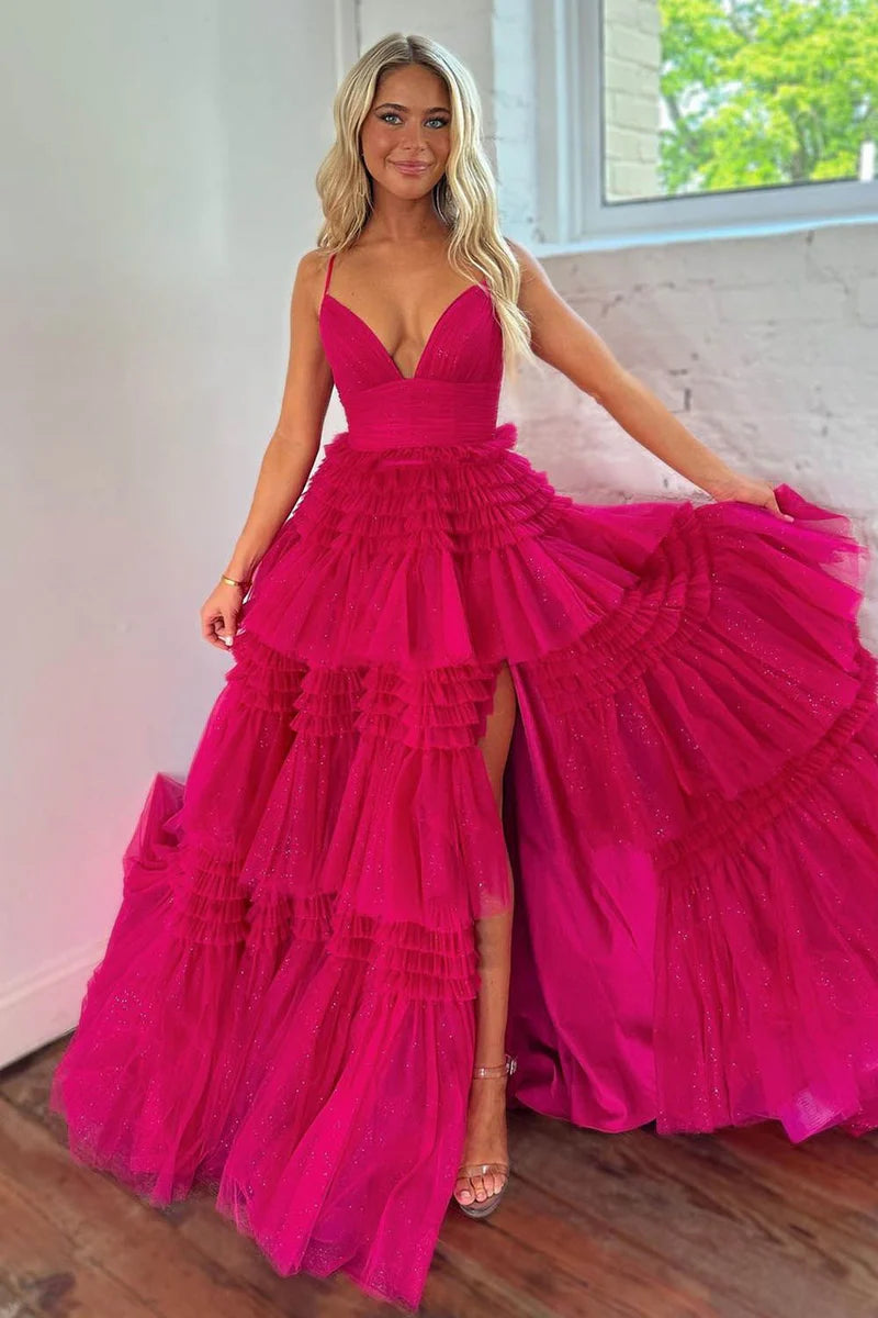 V-Neck Spaghetti Straps Tiered Tulle A-Line Long Prom Dress