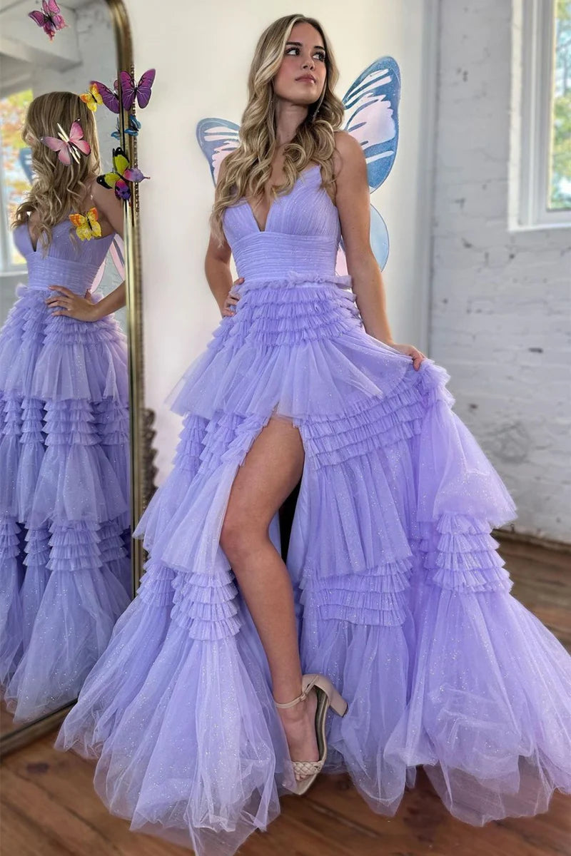 V-Neck Spaghetti Straps Tiered Tulle A-Line Long Prom Dress