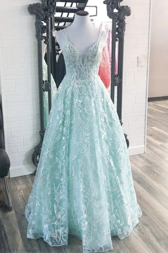 V-Neck Spaghetti Straps Lace Appliques A-Line Party Prom Dress