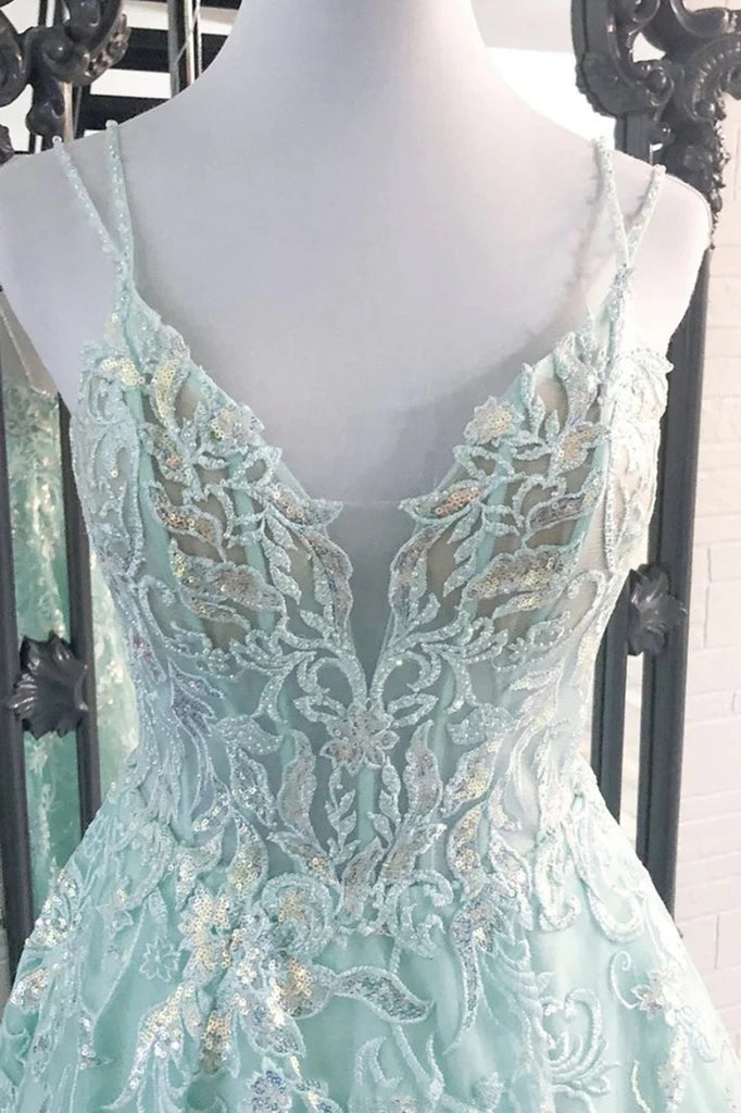 V-Neck Spaghetti Straps Lace Appliques A-Line Party Prom Dress