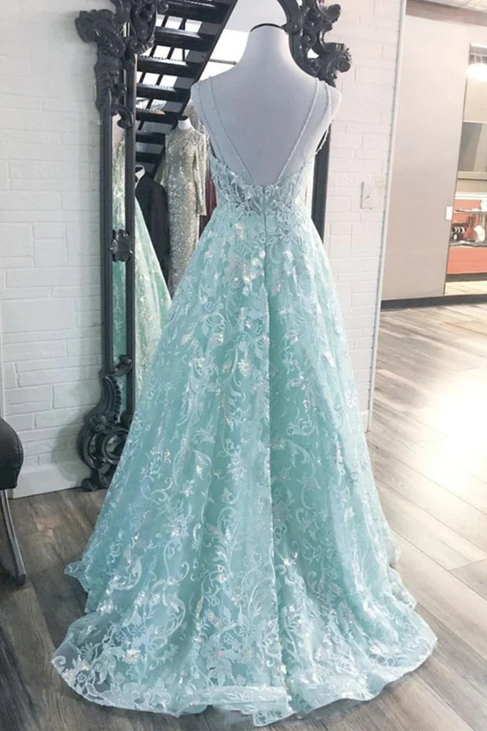 V-Neck Spaghetti Straps Lace Appliques A-Line Party Prom Dress