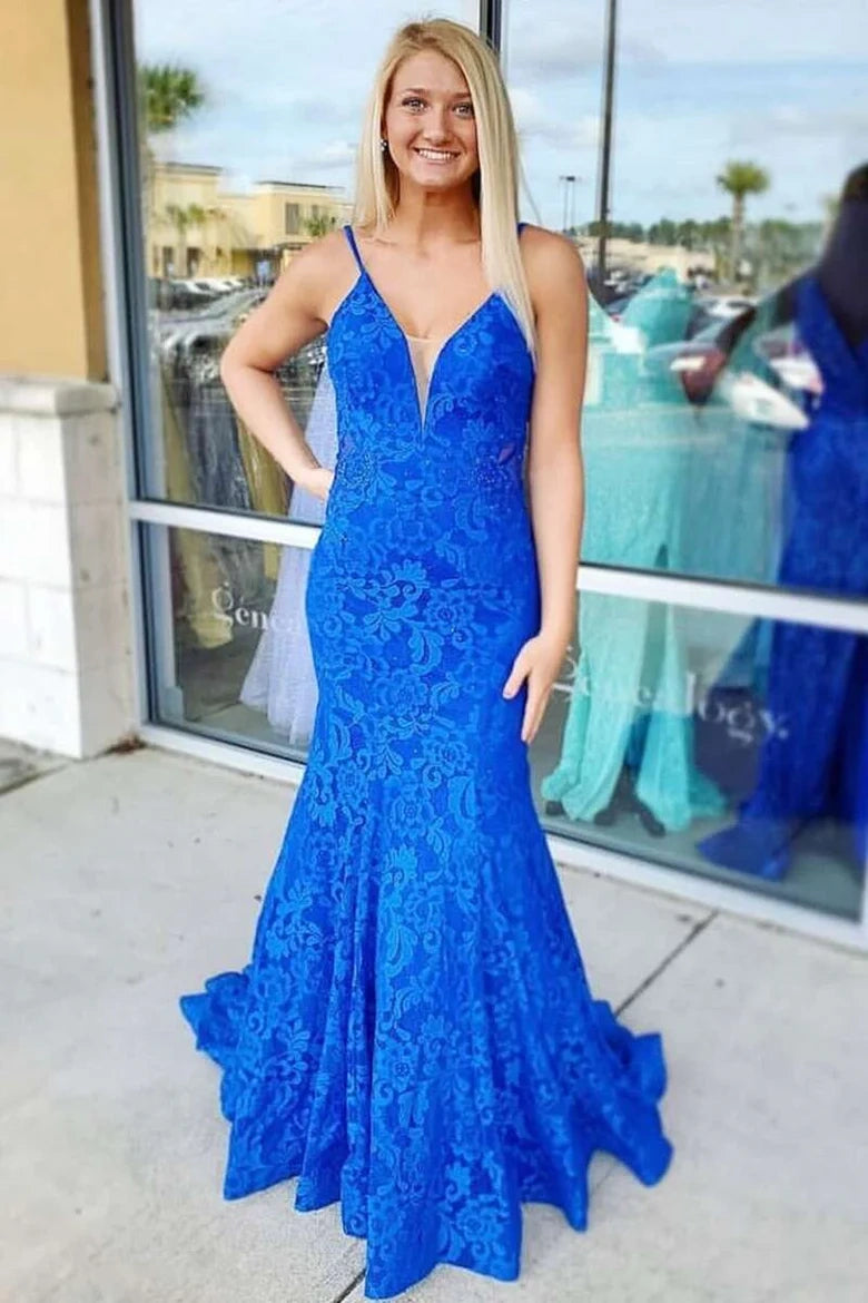 V-Neck Spaghetti Straps Lace Mermaid Long Party Prom Dress