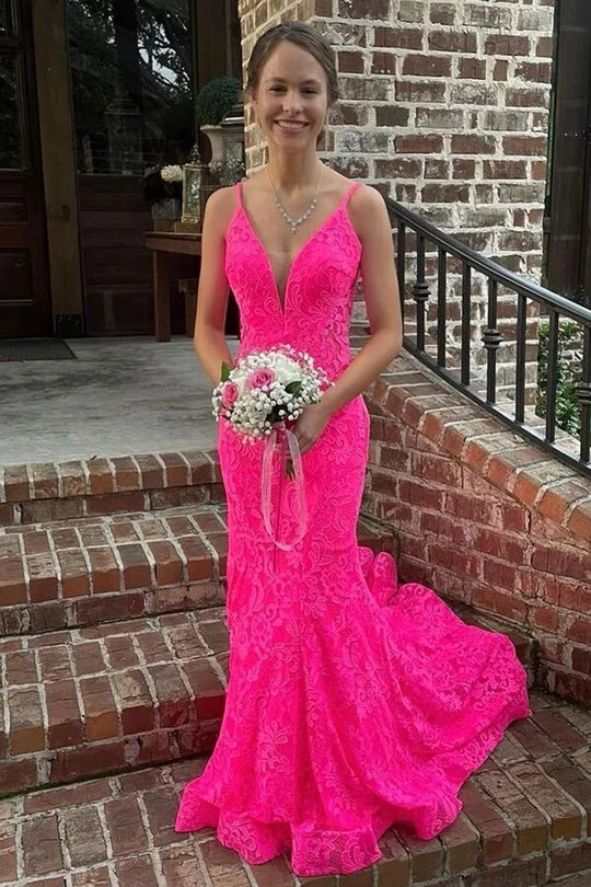 V-Neck Spaghetti Straps Lace Mermaid Long Party Prom Dress