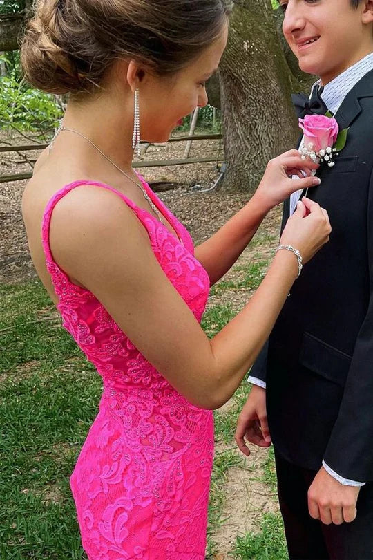 V-Neck Spaghetti Straps Lace Mermaid Long Party Prom Dress