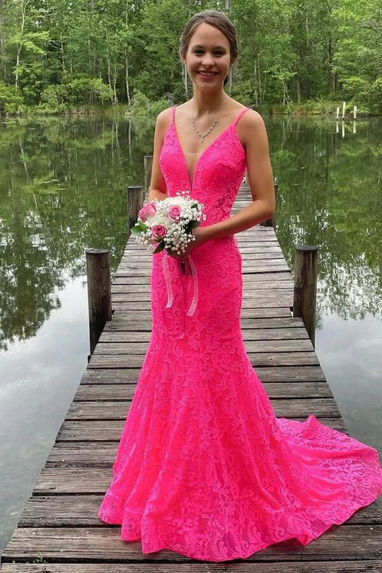 V-Neck Spaghetti Straps Lace Mermaid Long Party Prom Dress