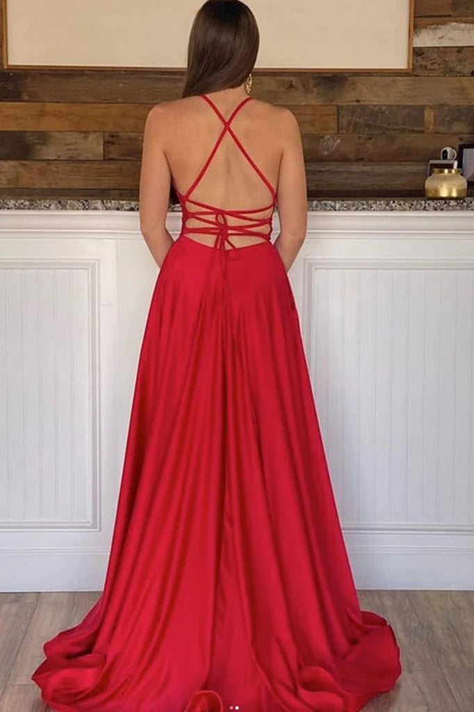 V-Neck Spaghetti Straps Lace Up Party Prom Dress With Slit