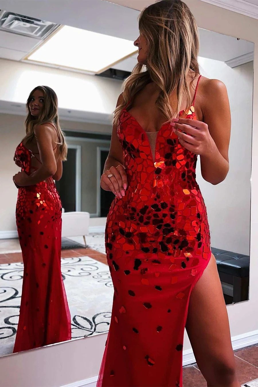 V-Neck Spaghetti Straps Mermaid Beaded Party Prom Dress