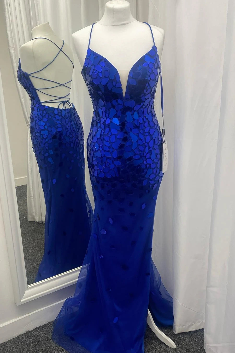 V-Neck Spaghetti Straps Mermaid Beaded Party Prom Dress