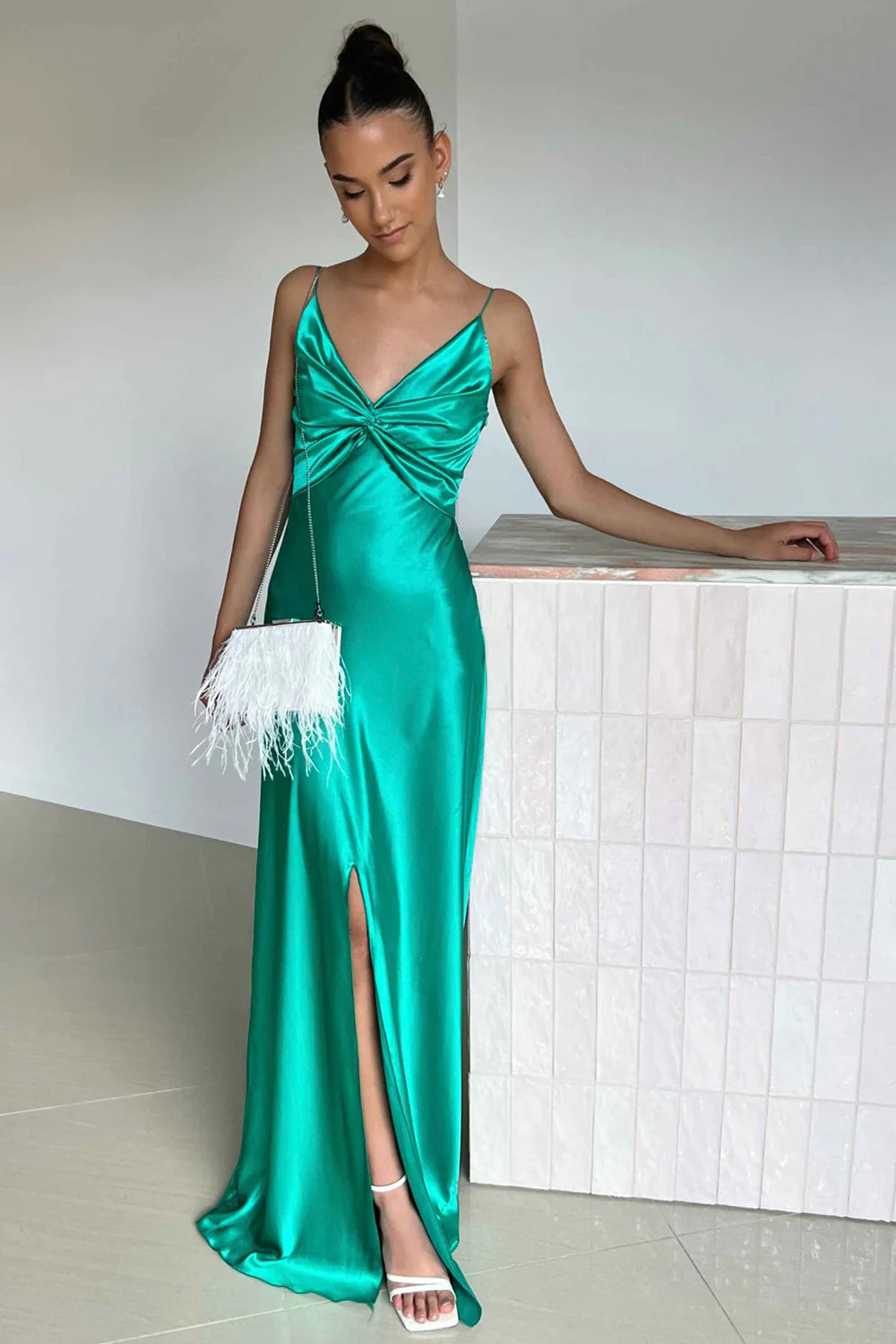 V-Neck Spaghetti Straps Satin A-Line Long Party Prom Dress
