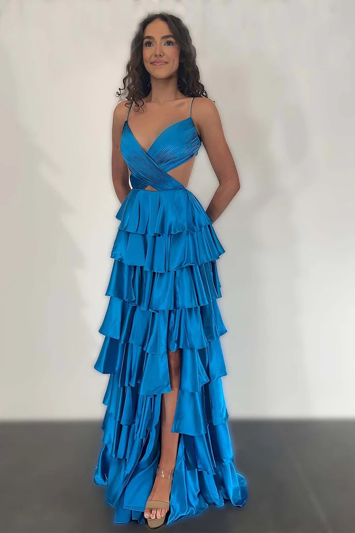 V-Neck Spaghetti Straps Satin A-Line Tiered Party Prom Dress