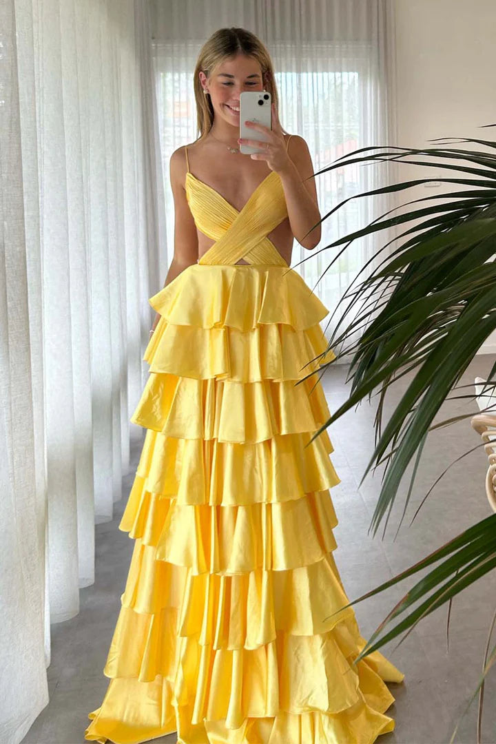 V-Neck Spaghetti Straps Satin A-Line Tiered Party Prom Dress