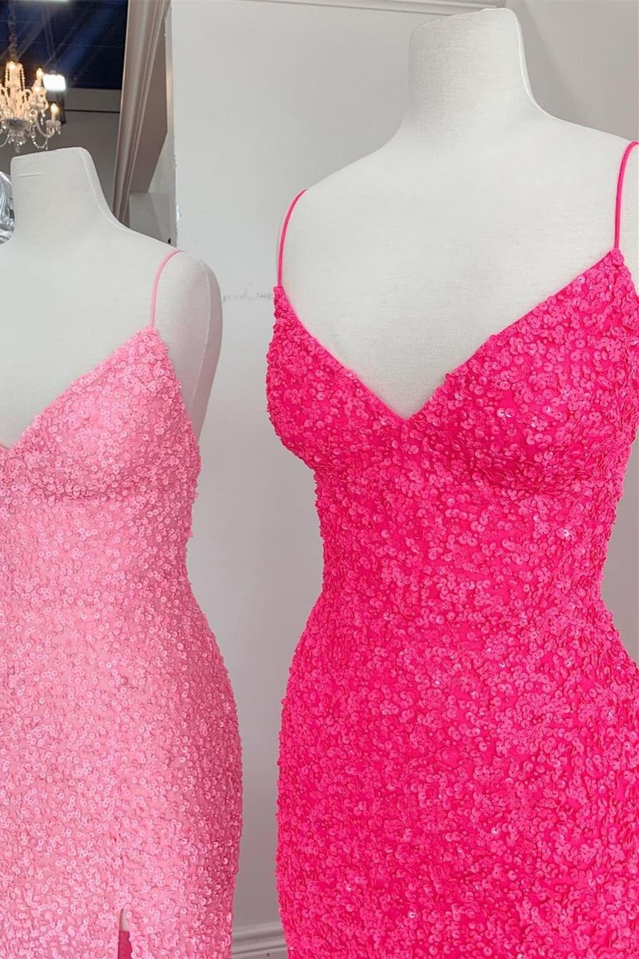V-Neck Spaghetti Straps Sequins Mermaid Party Prom Dress With Slit