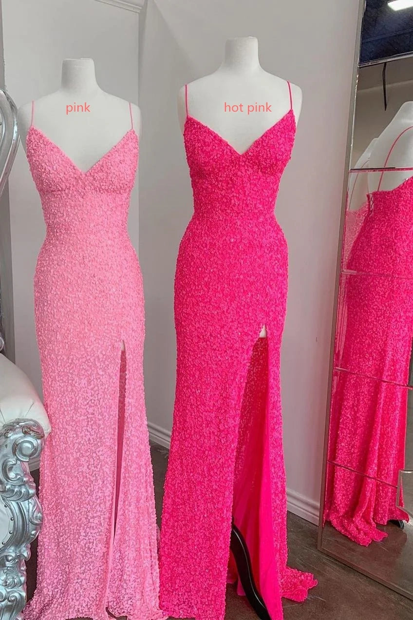V-Neck Spaghetti Straps Sequins Mermaid Party Prom Dress With Slit