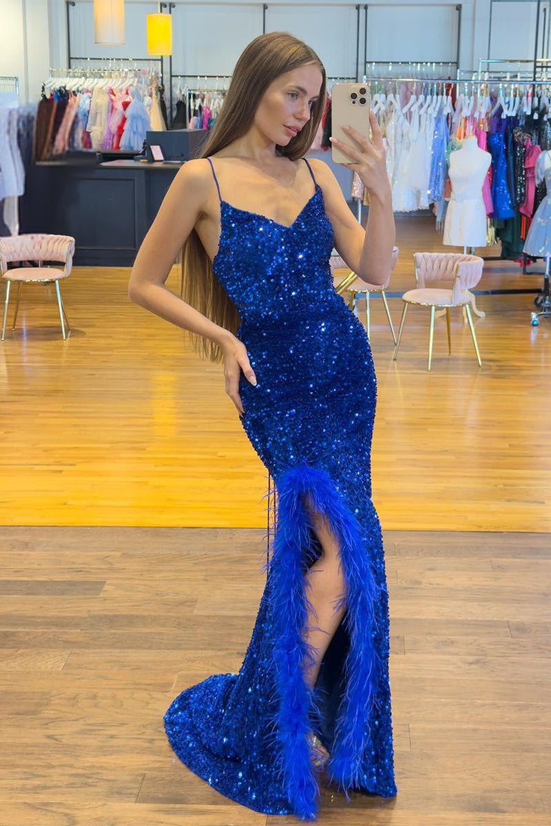 V-Neck Spaghetti Straps Sequins Mermaid Prom Dress With Slit
