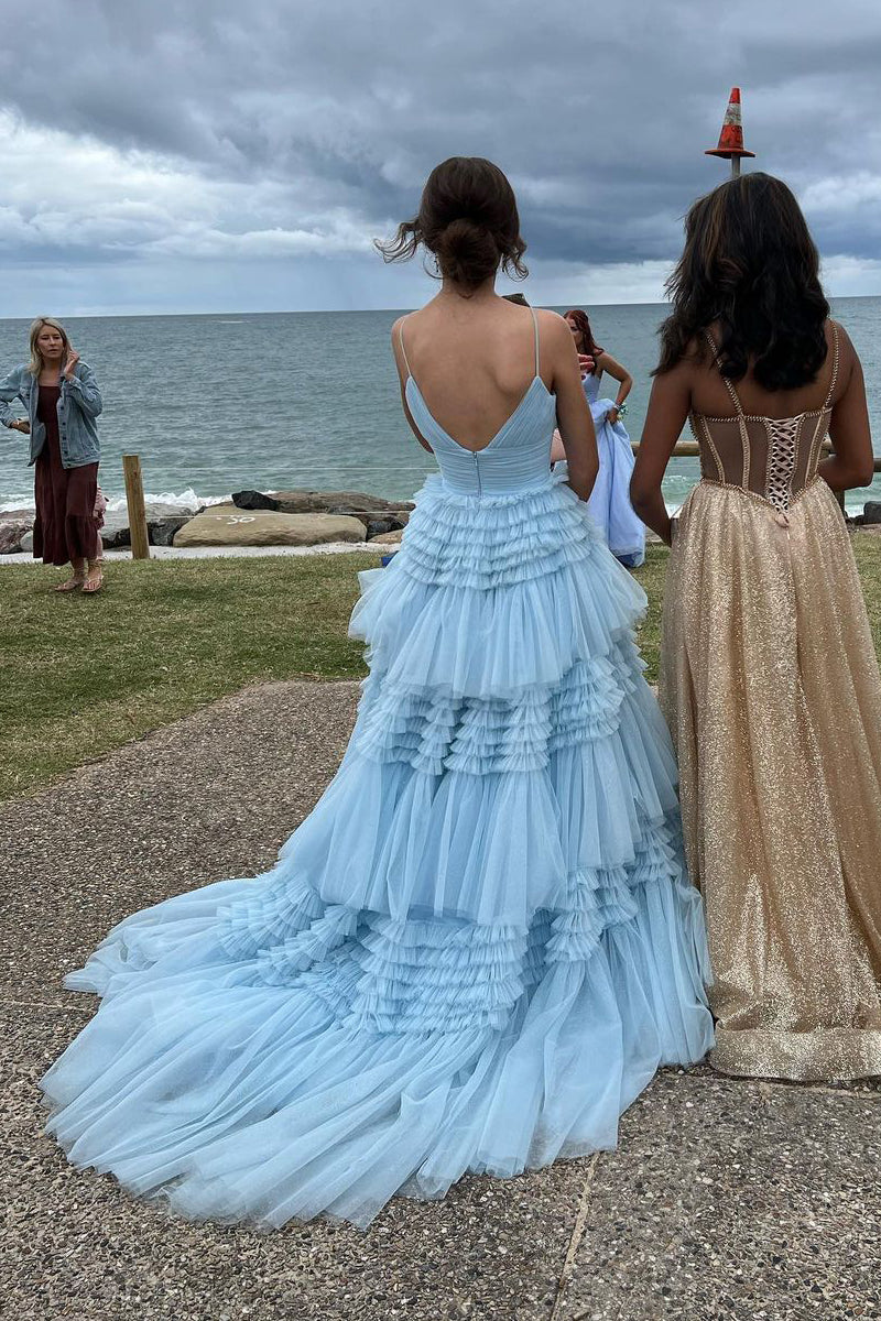 V-Neck Spaghetti Straps Tiered Tulle A-Line Long Prom Dress