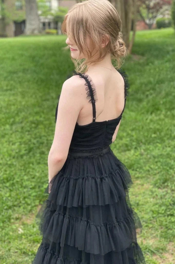 V-Neck Spaghetti Straps Tulle A-Line Tiered Party Prom Dress