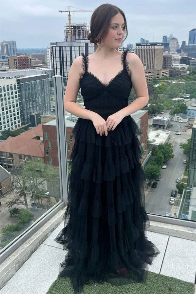 V-Neck Spaghetti Straps Tulle A-Line Tiered Party Prom Dress
